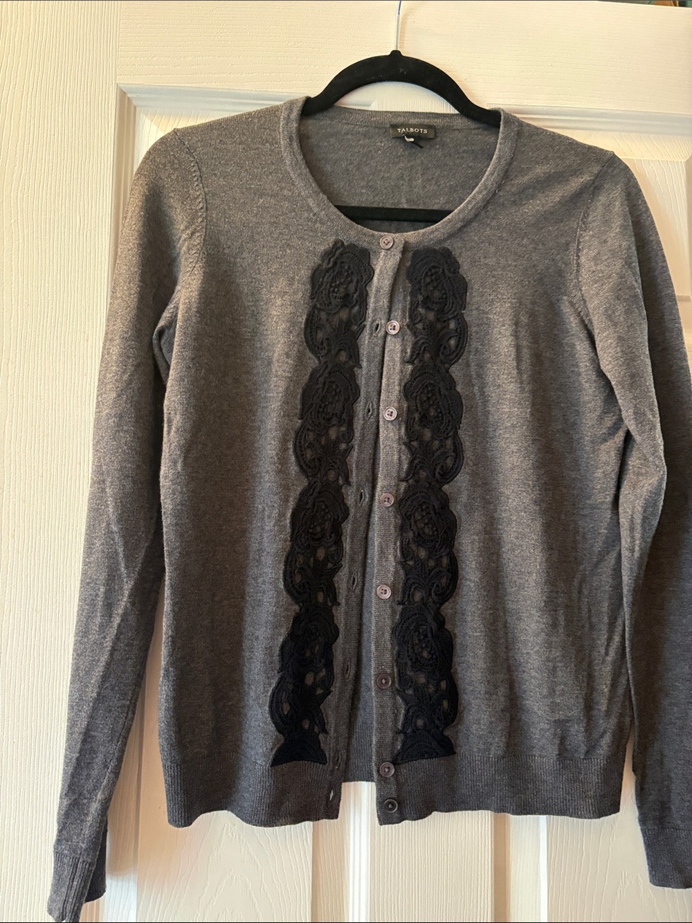 Talbots Gray Cardigan with Black Lace Panels